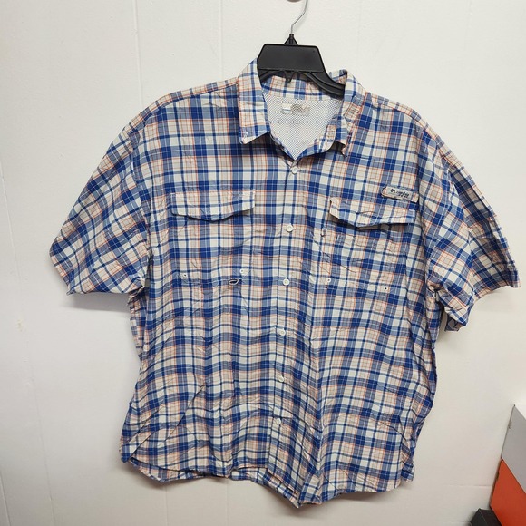 Columbia PFG Shirt Mens 2XL Blue Plaid Omni-Shade Vented Fishing Short Sleeve - Picture 1 of 13